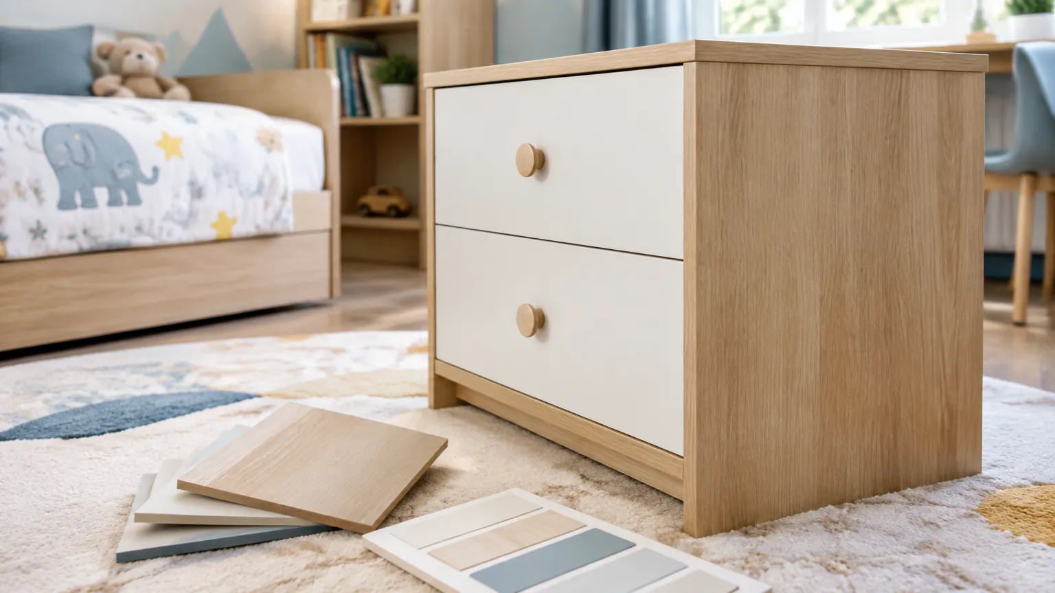 Kabinet laci kayu kecil di kamar anak dengan contoh material di sekitarnya