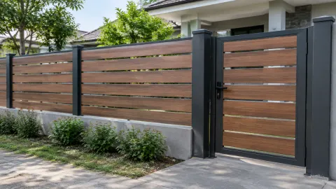 Pagar kayu berbingkai logam dan gerbang rumah