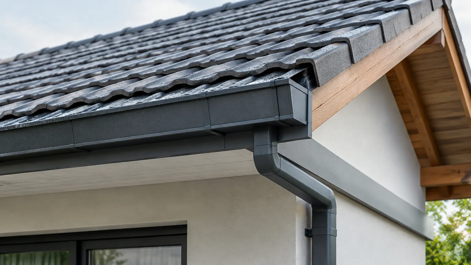 Atap miring dengan talang pada rumah tropis