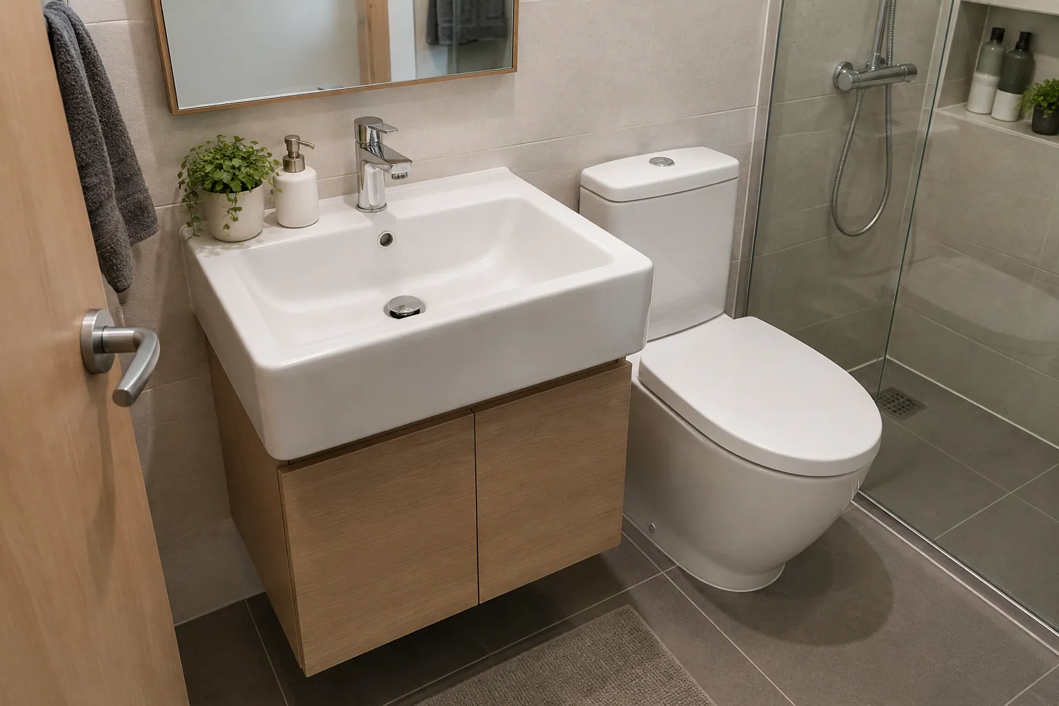 Kabinet wastafel ringkas berada di samping toilet dan area shower