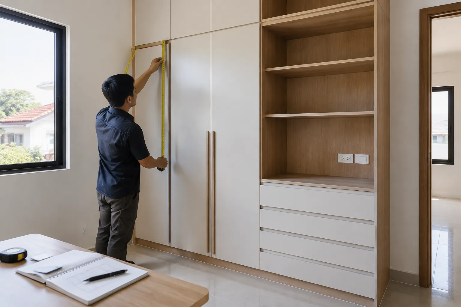 Seseorang mengukur posisi lemari built-in di ruang rumah