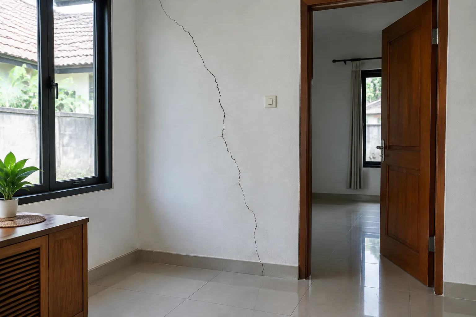 Retakan memanjang pada dinding di dekat pintu