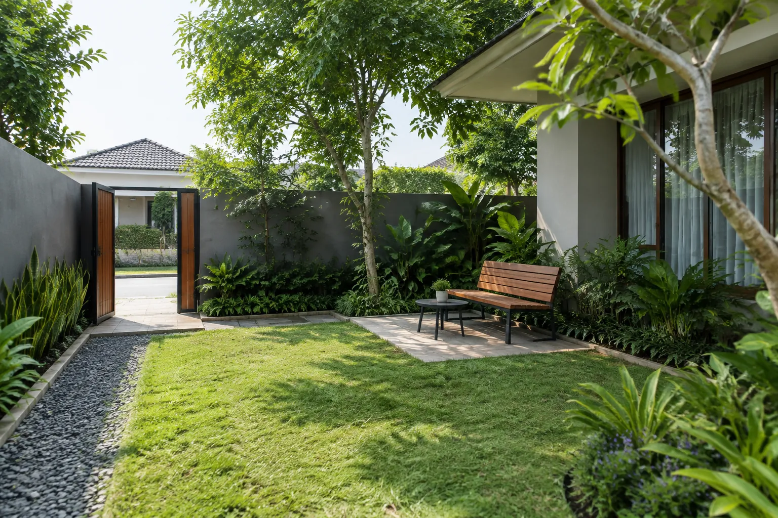 Taman dengan rumput, pepohonan, dan bangku.
