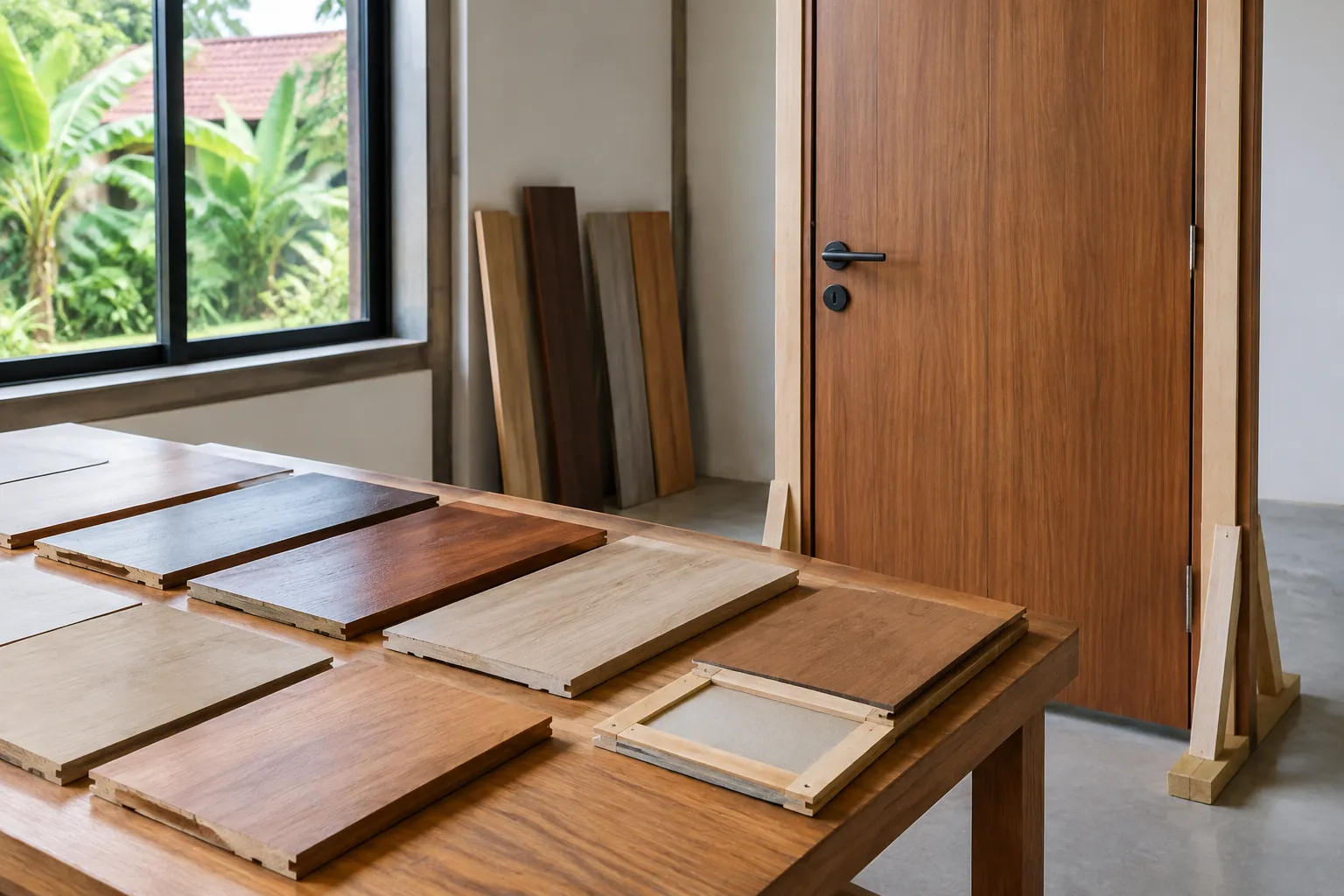 Contoh panel pintu kayu tersusun di meja dekat sebuah pintu