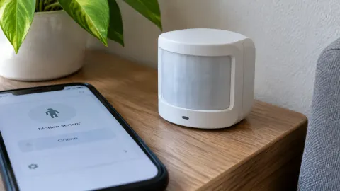 Sensor gerak rumah pintar di samping ponsel yang menampilkan status perangkat