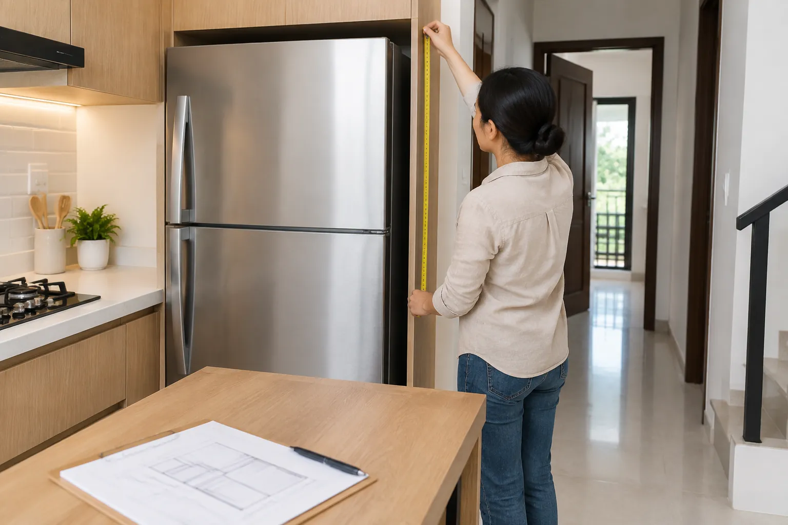Seseorang mengukur ruang di sisi lemari es dapur