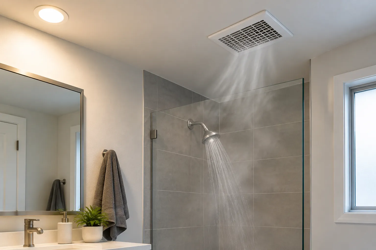 Kamar mandi dengan kisi ventilasi plafon