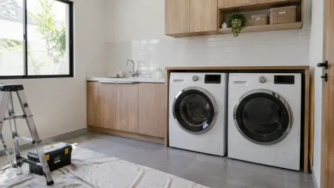 Ruang laundry dengan tangga kerja dan peralatan saat renovasi