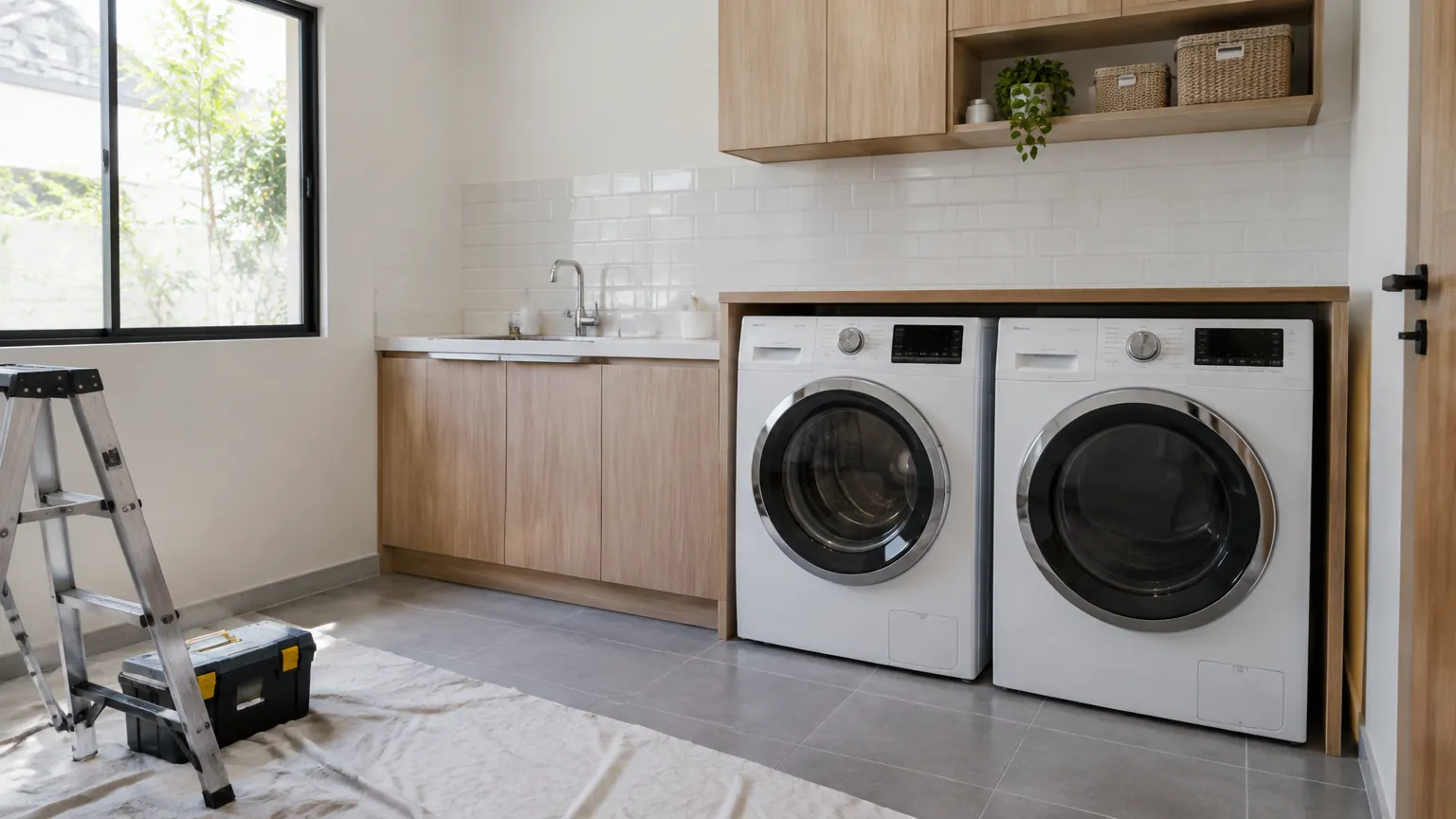 Ruang laundry dengan tangga kerja dan peralatan saat renovasi