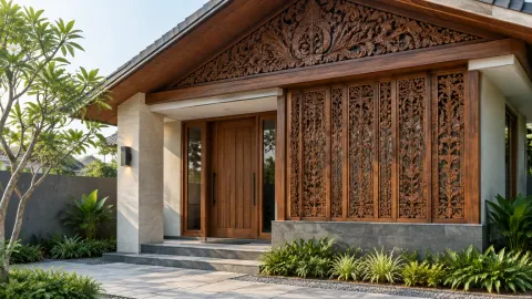 Rumah dengan panel ornamen berukir di sekitar pintu