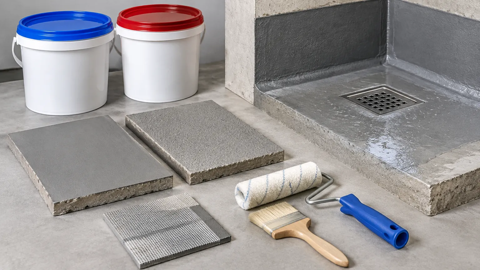 Bahan waterproofing semen dan alat kerja di dekat saluran lantai
