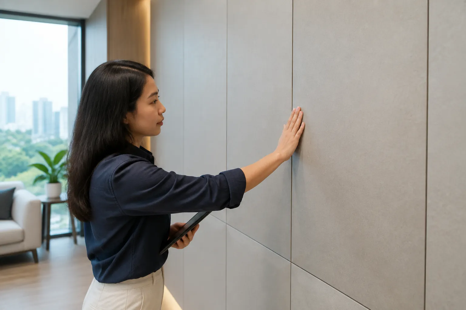Seseorang menyentuh panel dinding polos.