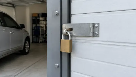 Gembok pada pengunci pintu garasi logam