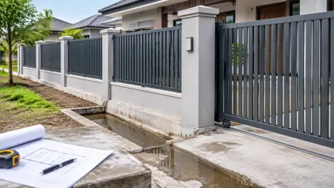 Pagar logam dan gerbang dekat area masuk rumah yang tergenang