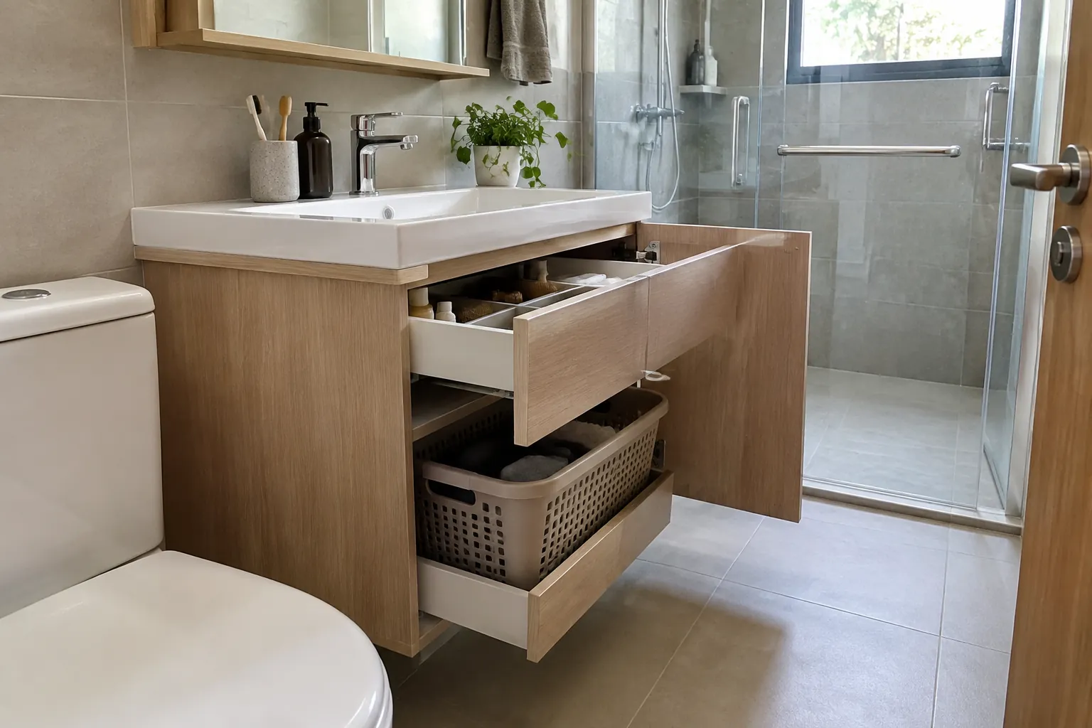 Laci kabinet wastafel terbuka di kamar mandi