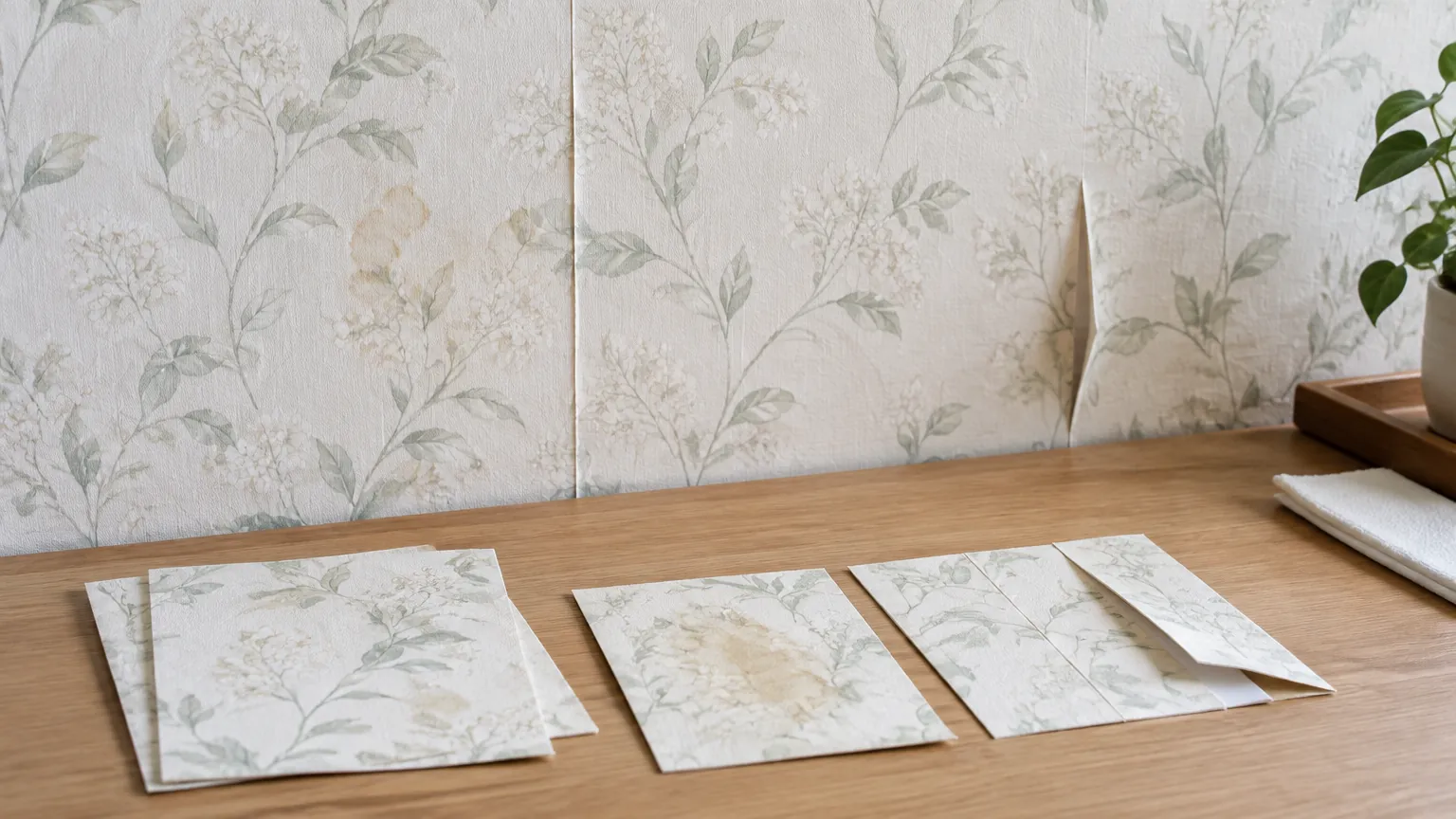 Sampel wallpaper bunga disusun di depan dinding
