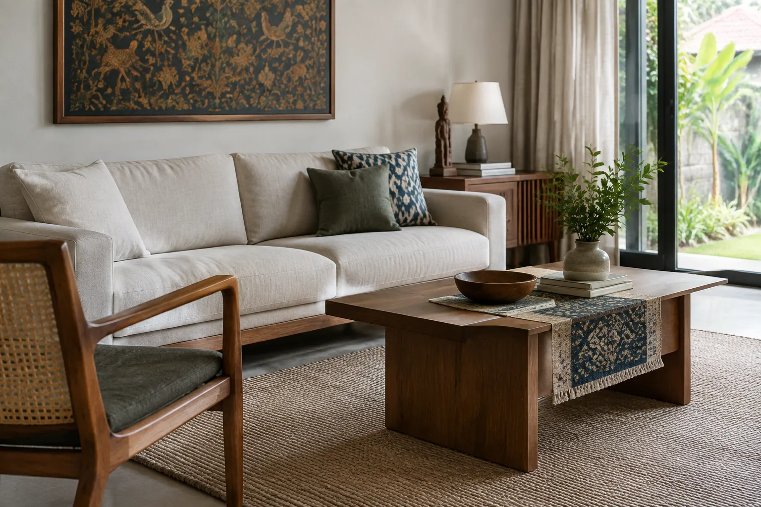 Ruang tamu dengan sofa dan kain bermotif di atas meja kayu