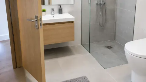 Kamar mandi dengan wastafel, kloset, dan pancuran