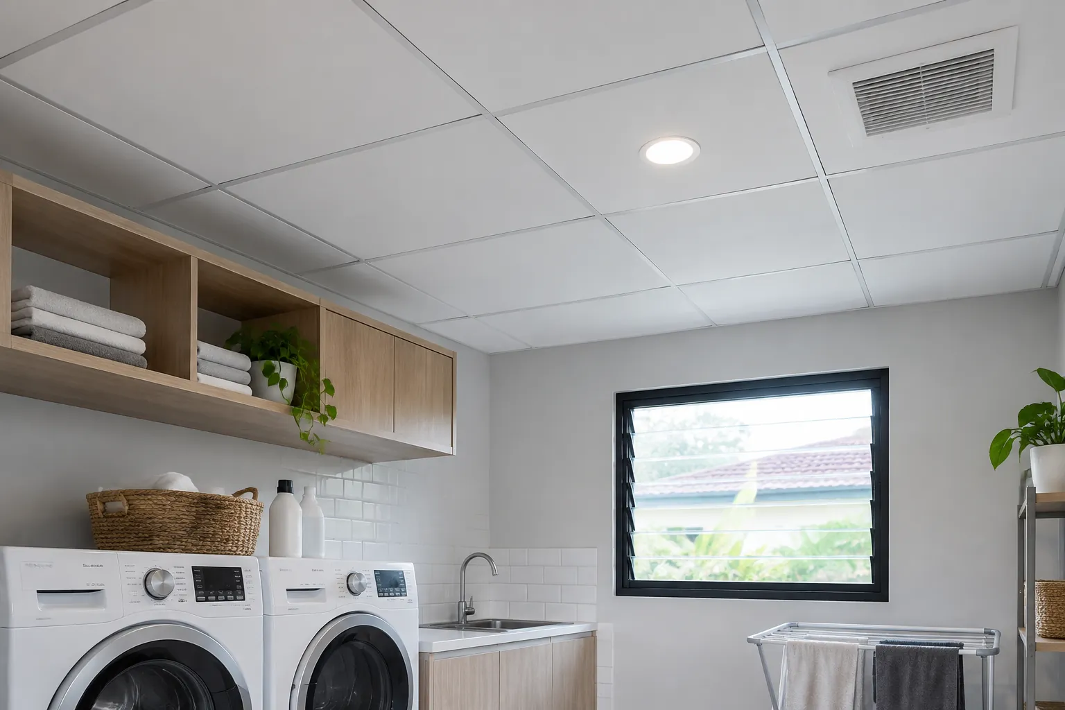 Plafon panel di atas mesin cuci ruang laundry