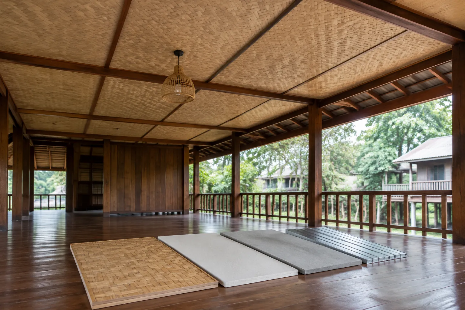 Panel anyaman dan panel modern diletakkan di ruang panggung kayu