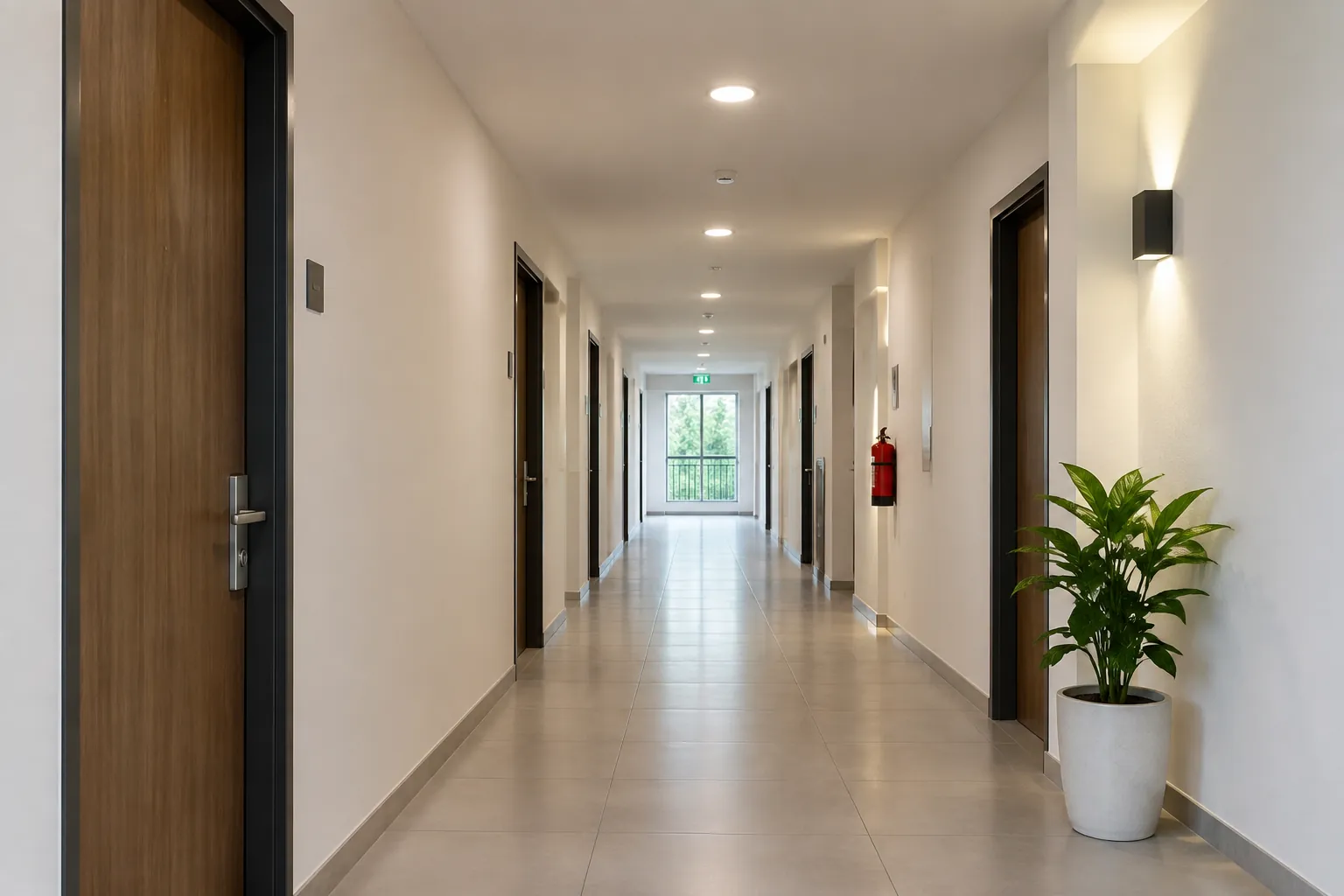 Lorong panjang dengan pintu dan lampu di beberapa titik