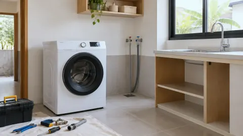 Ruang laundry dengan mesin cuci dan alat kerja