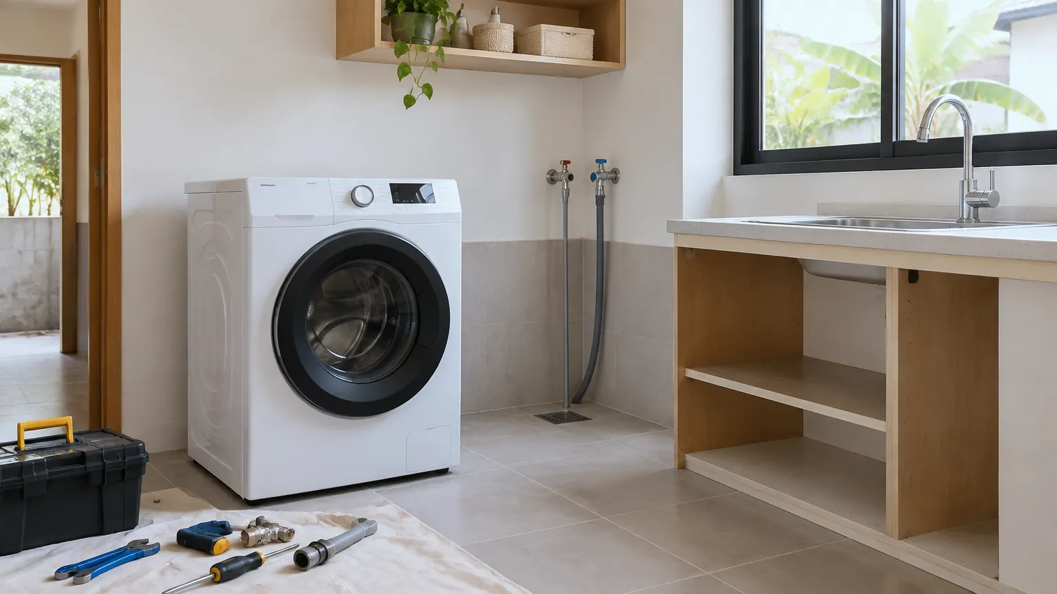 Ruang laundry dengan mesin cuci dan alat kerja