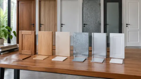 Contoh bahan finishing pintu disusun di meja depan beberapa pintu