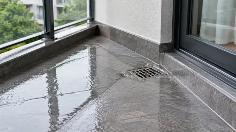 Air menggenang di lantai balkon dekat saluran