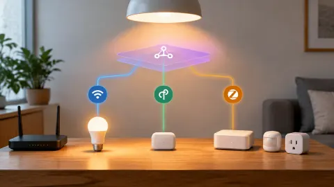 Lampu dan perangkat koneksi pintar di atas meja
