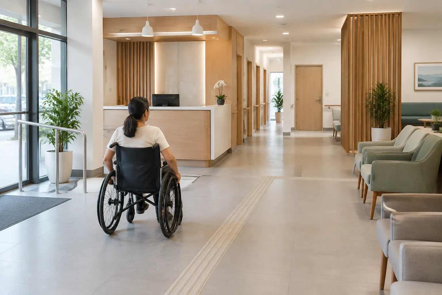 Pengguna kursi roda bergerak melalui koridor klinik yang lapang