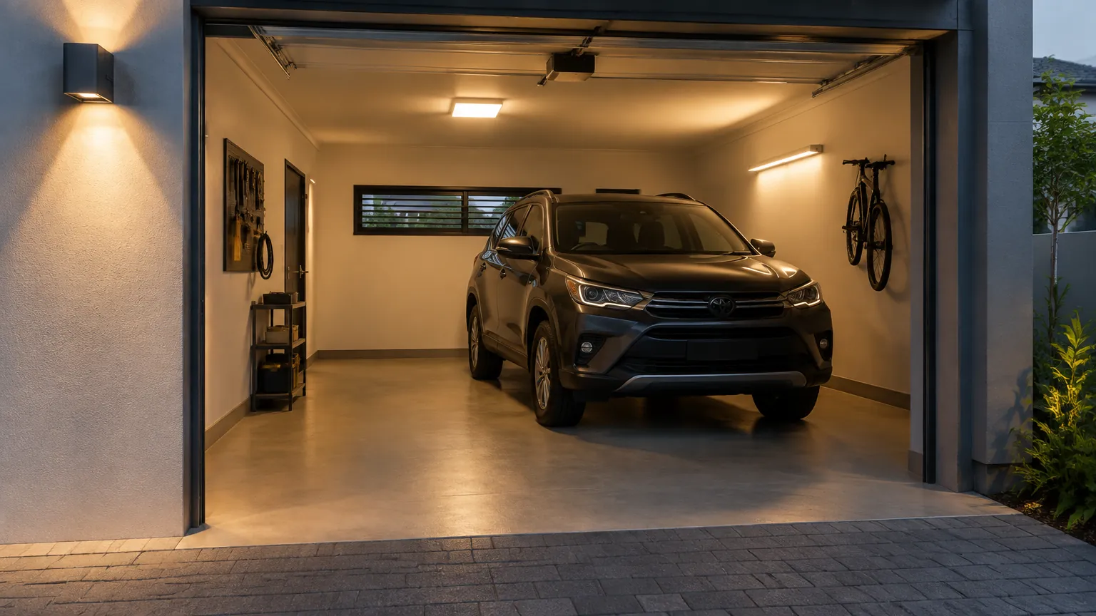 Mobil terparkir di garasi dengan beberapa lampu menyala
