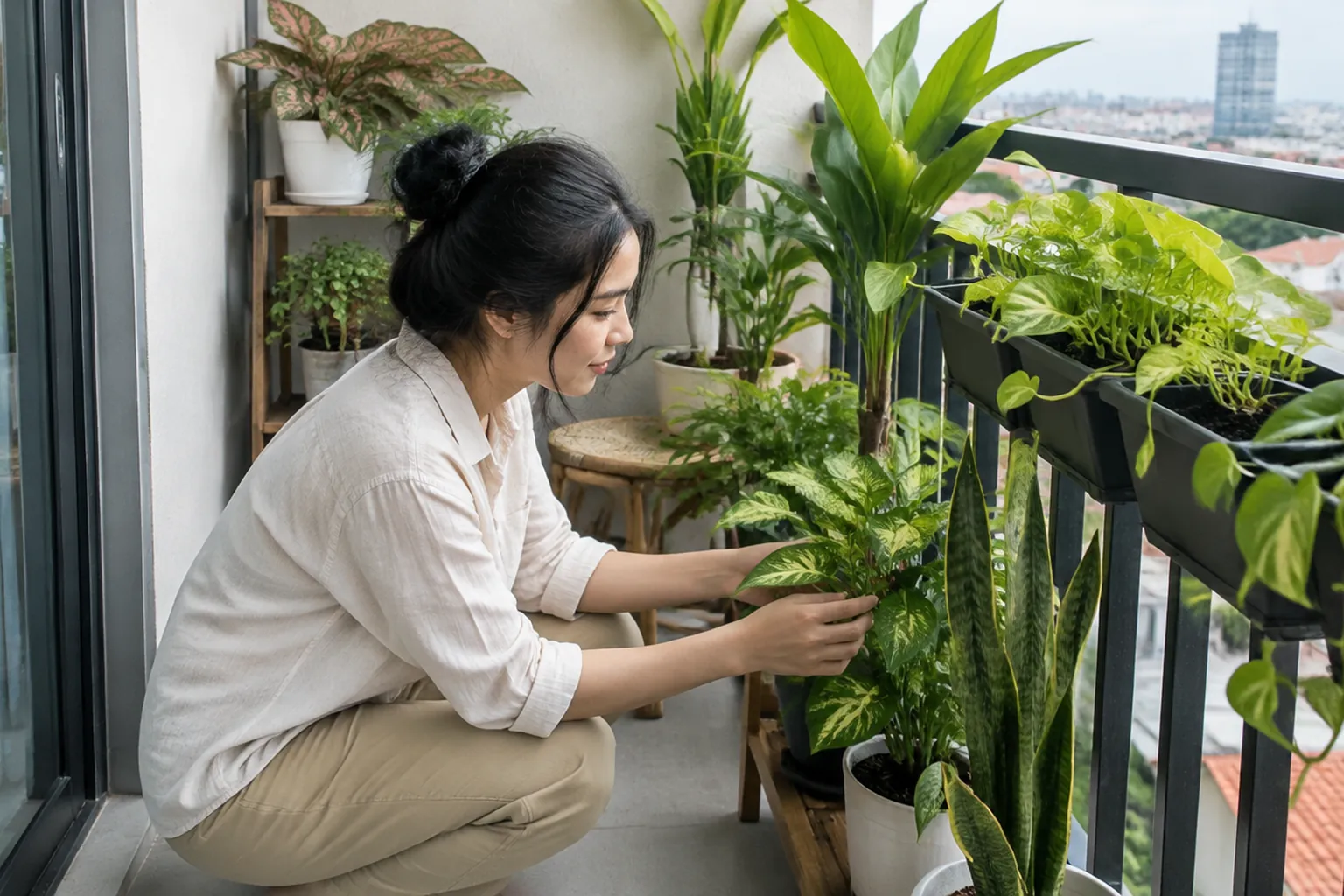 Penghuni merawat tanaman pot di balkon kecil