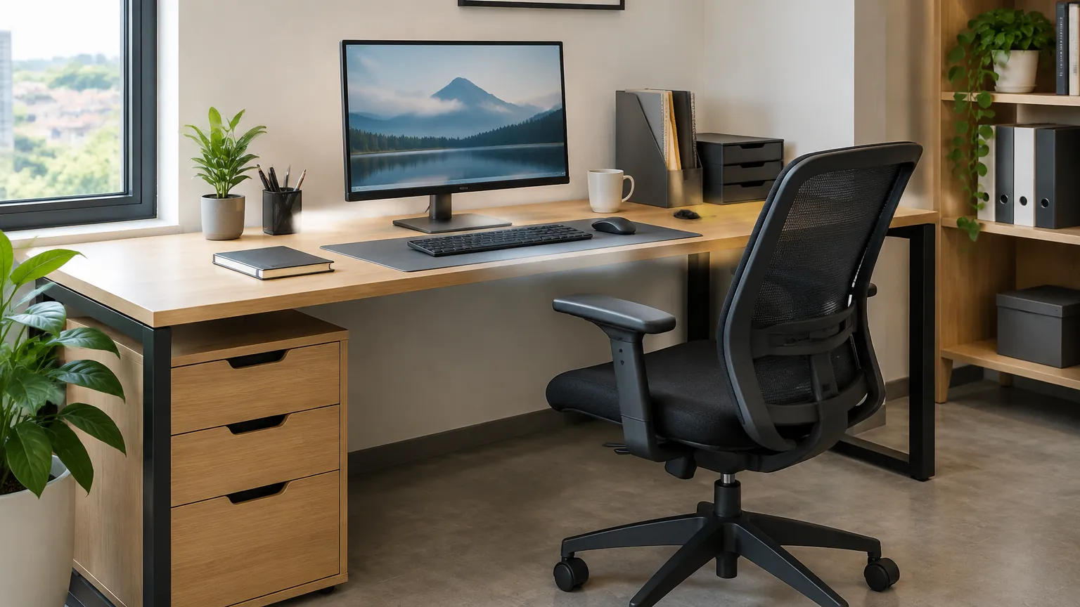 Meja kerja dengan monitor dan kursi dekat jendela