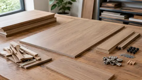 Papan kayu, potongan sisa, dan komponen furnitur di meja kerja