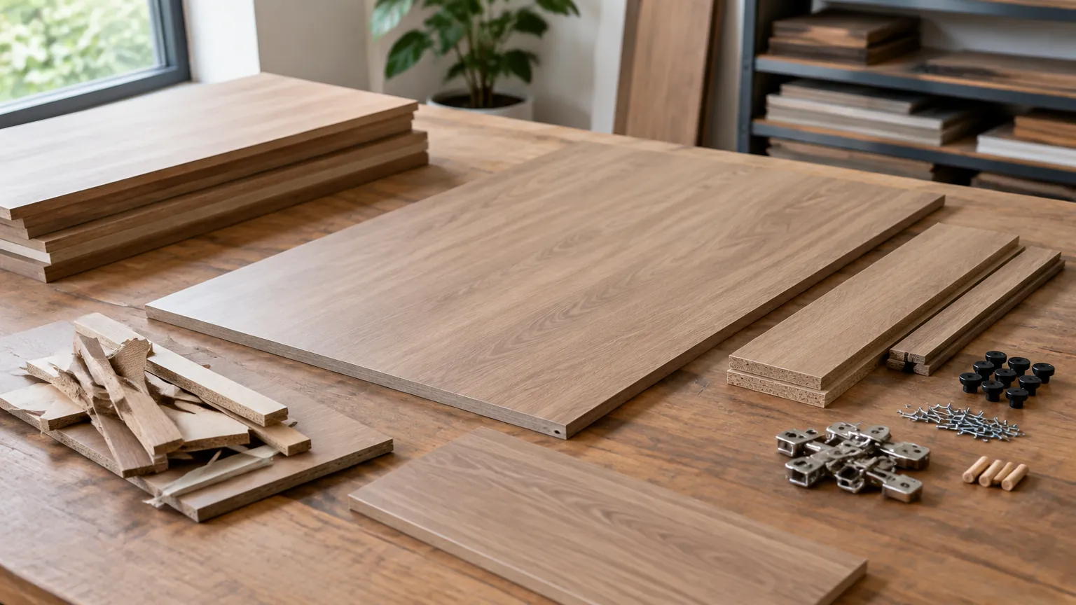 Papan kayu, potongan sisa, dan komponen furnitur di meja kerja