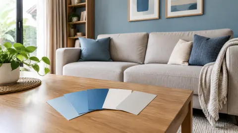 Sofa ruang keluarga di belakang sampel warna biru