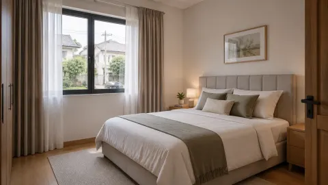Tempat tidur berlapis kain dekat jendela bergorden yang menghadap rumah dan jalan.