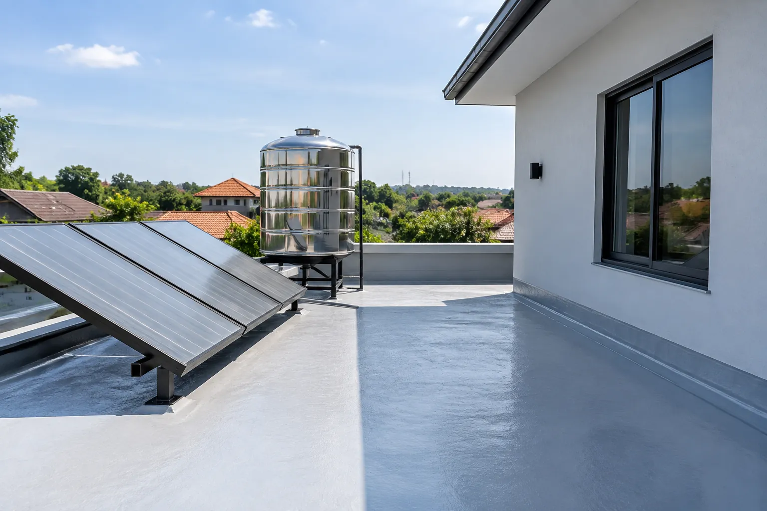 Atap datar dengan lapisan waterproofing terpapar sinar matahari