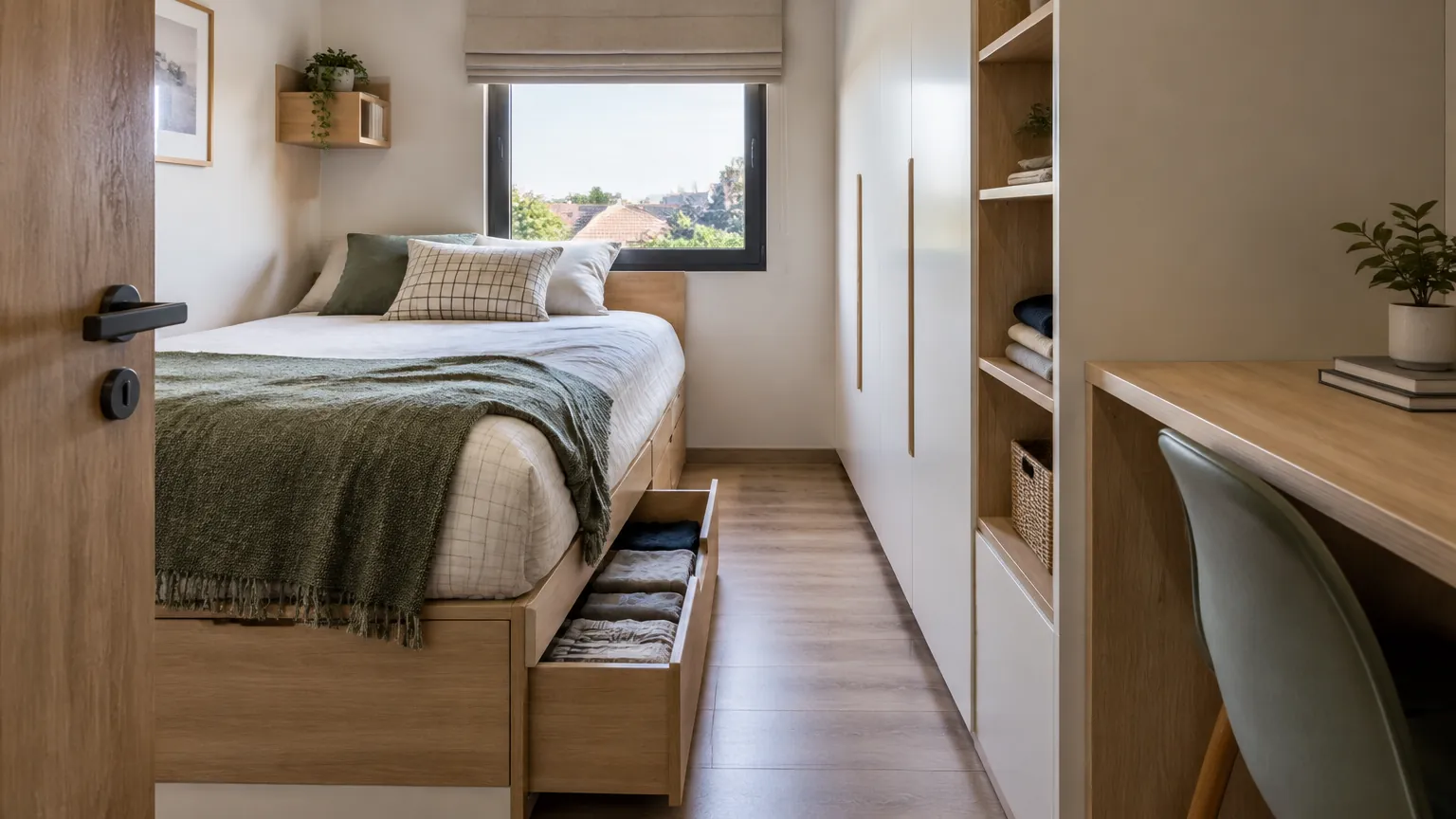 Kamar tidur sempit dengan laci di bawah tempat tidur