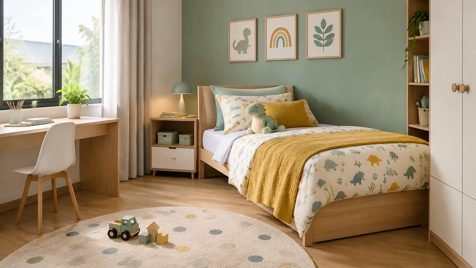 Kamar anak bernuansa hijau dengan selimut kuning