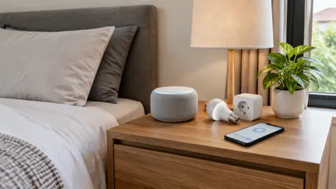 Perangkat rumah pintar dan lampu di meja kamar