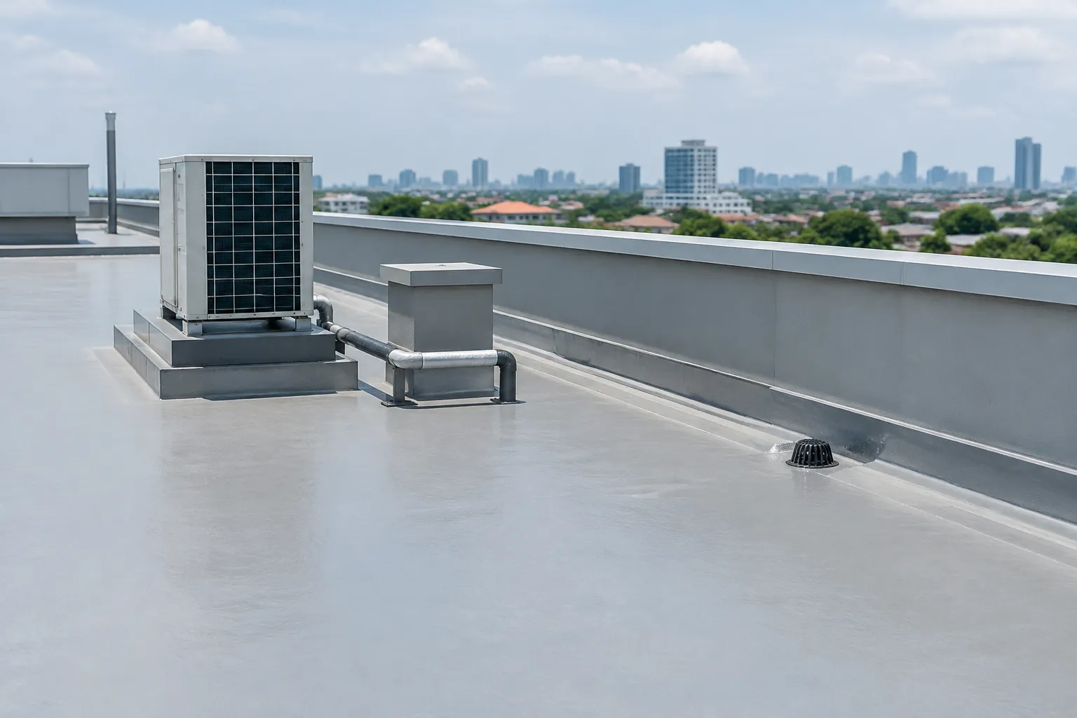 Permukaan atap datar di sekitar unit peralatan dan tepi parapet