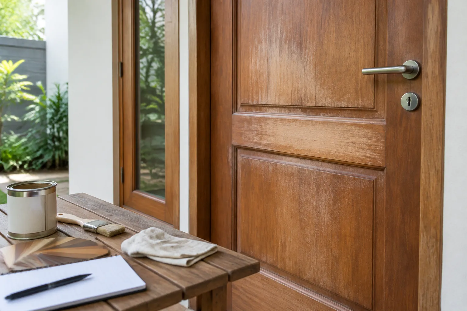 Pintu kayu dekat contoh finishing dan kain pembersih