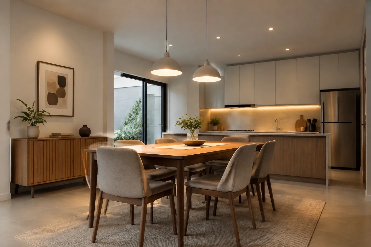 Tiga lampu gantung berada di atas meja makan dekat dapur