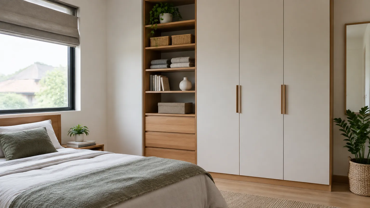Kamar tidur dengan lemari tinggi dan rak kayu