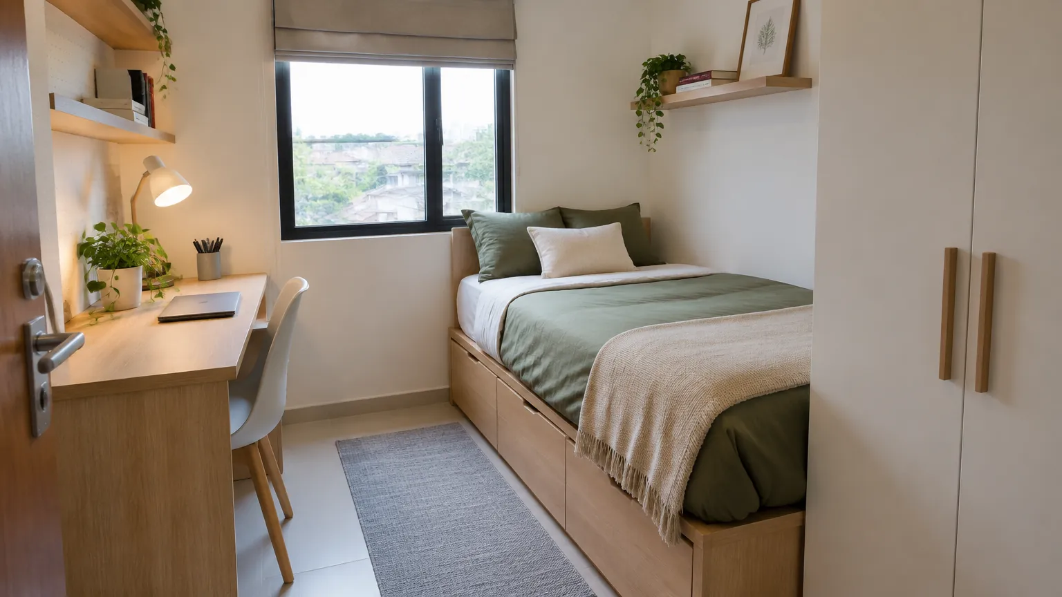 Kamar kecil dengan tempat tidur, meja, dan lemari