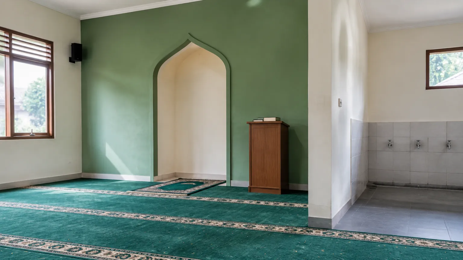Ruang musala dengan karpet salat dan dinding hijau di depan