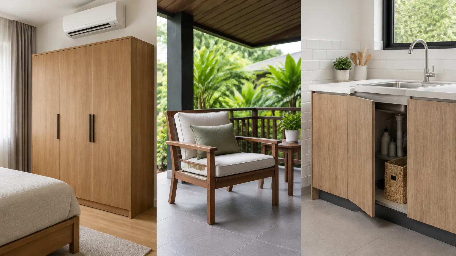 Furniture kayu di ruang yang terbuka ke taman tropis