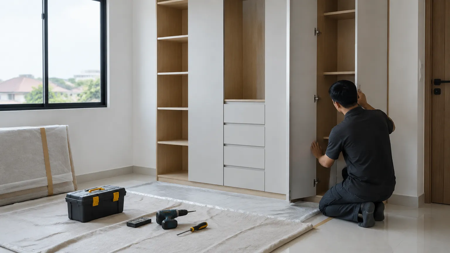 Pekerja memasang kabinet penyimpanan di kamar